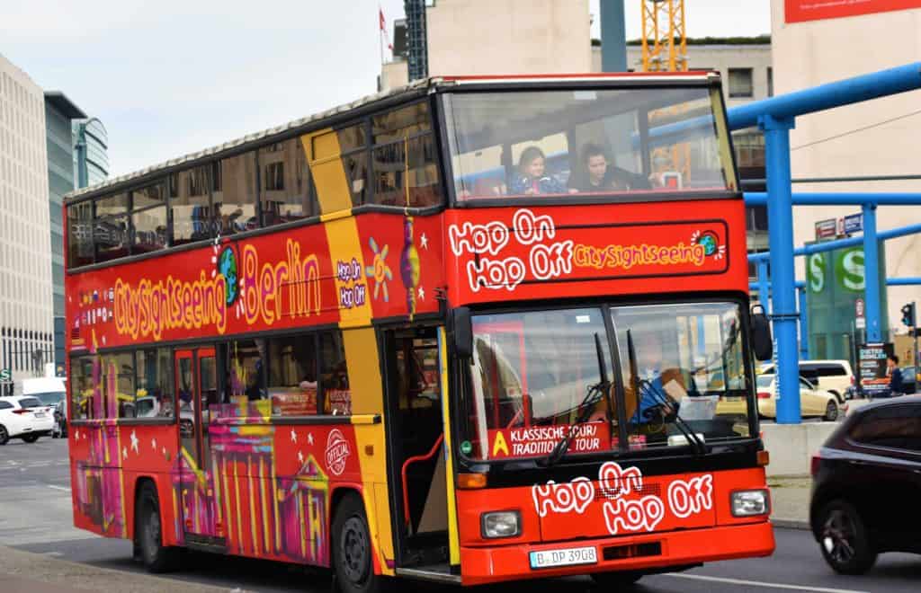 A red Hop-on-Hop-off bus in Turkey, which is one of the preferred means of transport in Turkey.