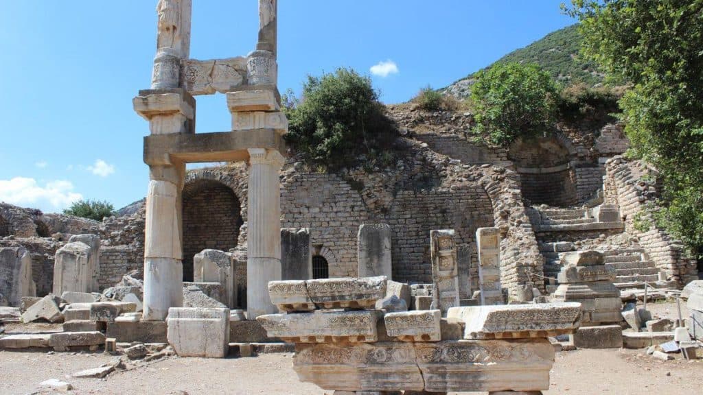 A view of ruins in Curetes Street in Ephesus. This street took its name from the priests who were called Curetes.