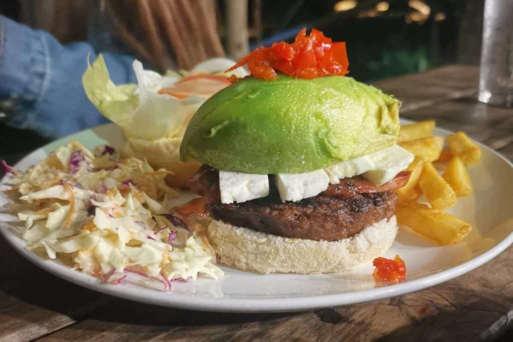 Beef Gourmet Burger with Feta, topped with Avo, relish, salad and chips #Tanksbushpub