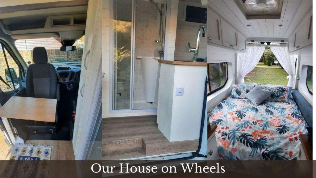 Completed Vanbuild image of Van building finishes #swivel table and chair #campervan bed as well as the shower.