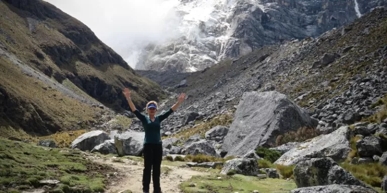 Woman hiking up to Mount Salkantay trek 4 day Trek Peru