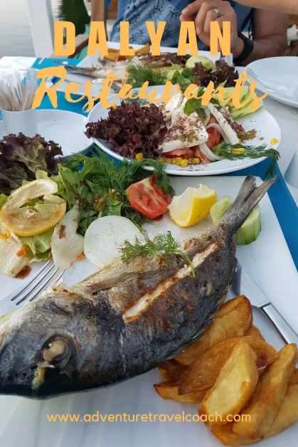 Couple having tasty Fish and Salad at one of the Restaurants 