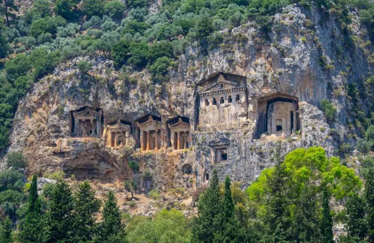 400 BC Rock Tombs above the River cliffs in Dalyan, Turkey