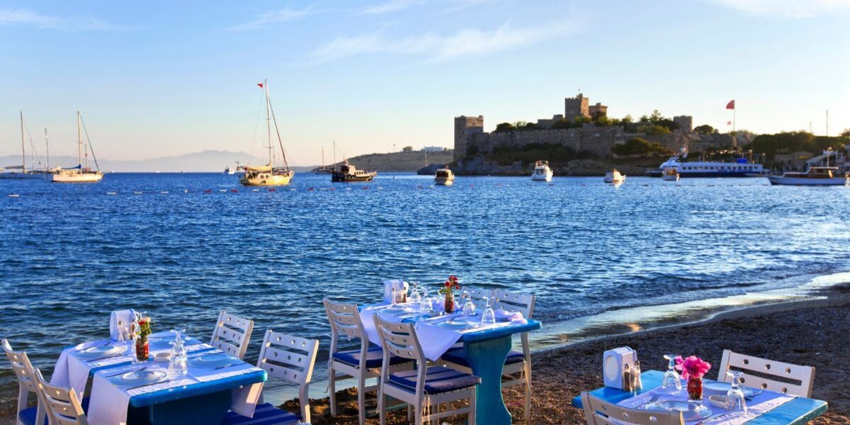 Bitez Beach, lined with bars and restaurants