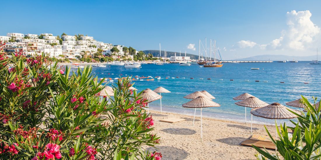 View of Bodrum Beach, Aegean sea, traditional white houses, flowers, marina, sailing boats, yachts in Bodrum city town Turkey.