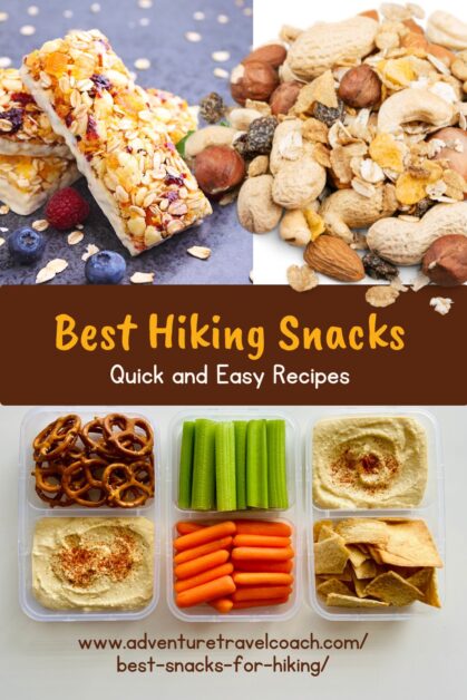 Hiking snacks Pure organic fruit bars, trail mix, pretzels, hummus, carrot sticks and crackers