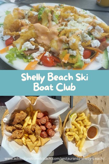 Shelly Beach Ski Boat Club Menu Skipper Salad with Calamari, Calamari and Chips & Snack Basket with Samoosas, Russians, Chicken and chips