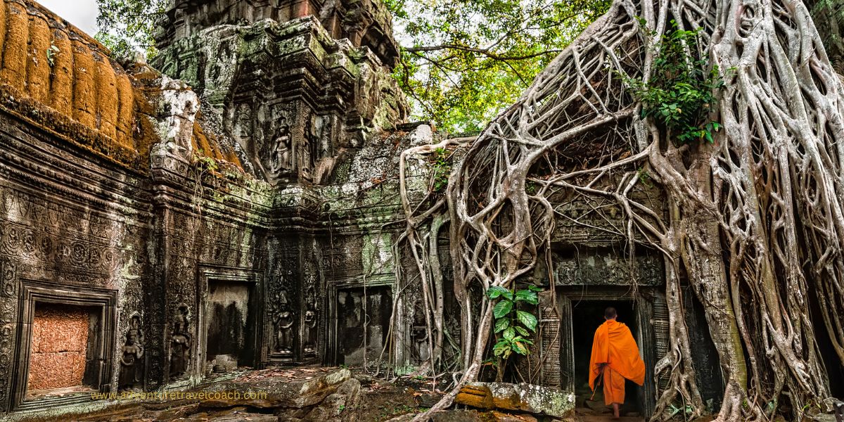Monk going in Ta Prohm Temple in Siem Reap Cambodia