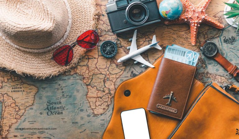 World map and travel accessories