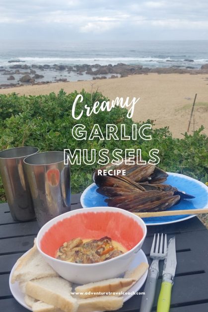 Creamy garlic mussels served with fresh bread overlooking the ocean
