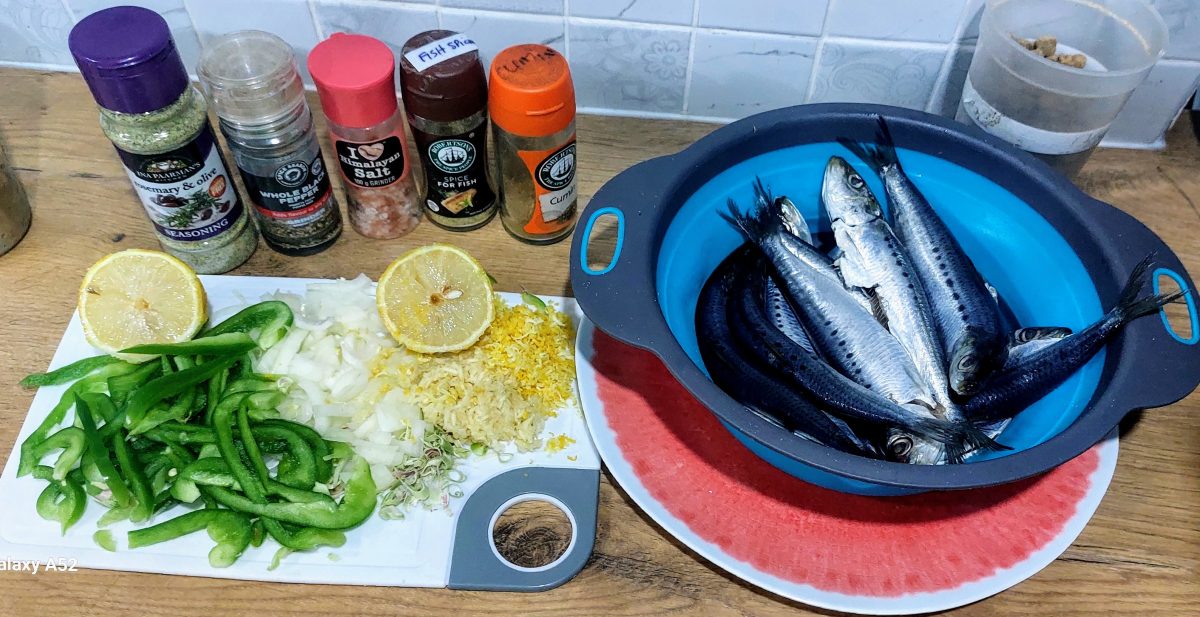 Fresh sardines and Ingredients for Grilled Sardine recipe