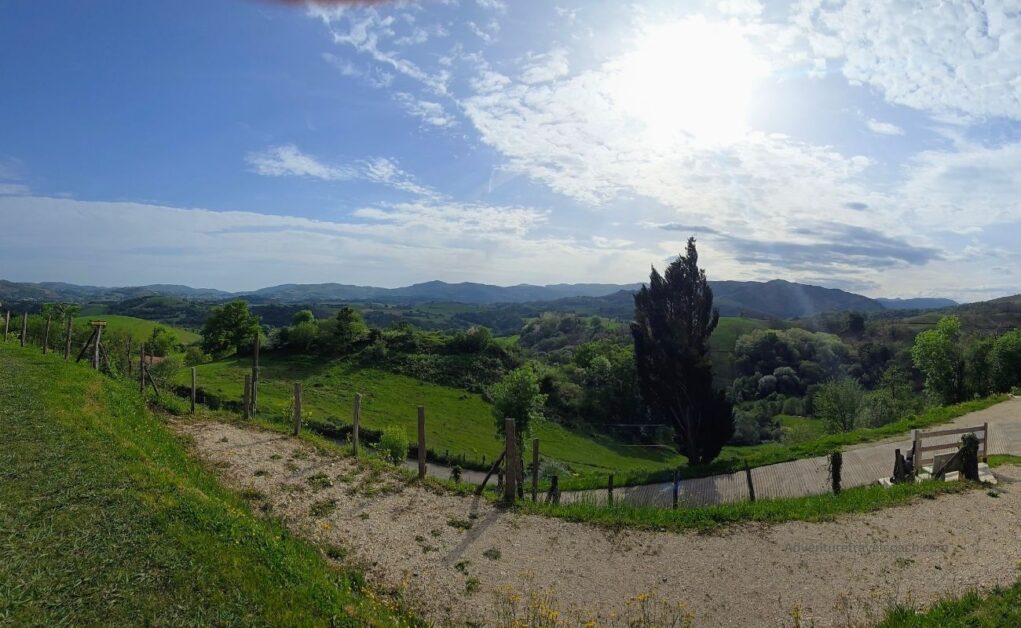 View of Camino Route in Frances walking from Saint Jean Pied de Port to Roncesvalles on a sunny day